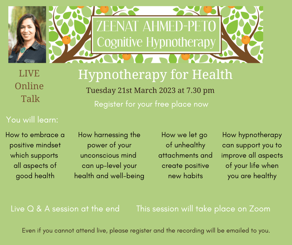 Hypnotherpay for Health online talk poster Zeenat Ahmed-Peto